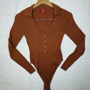 NWOT Guess Women's Medium Long Sleeve Burnt Orange Fall Collared BodySuit Ribbed